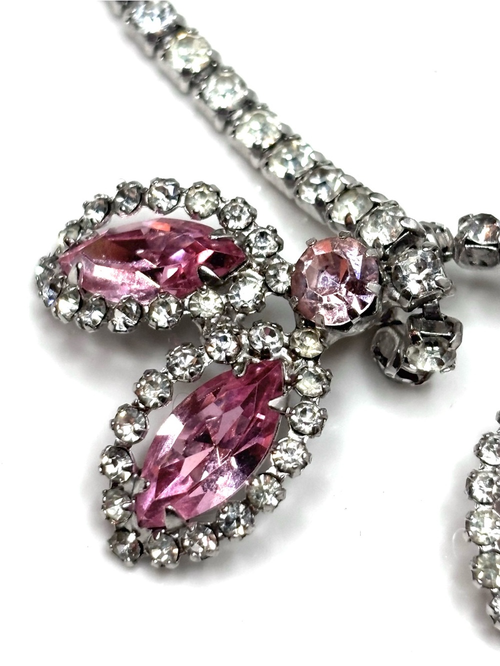 VTG Weiss Pastel Pink Rhinestone Rhodium Plated Necklace Earrings Set Signed - Picture 3 of 13